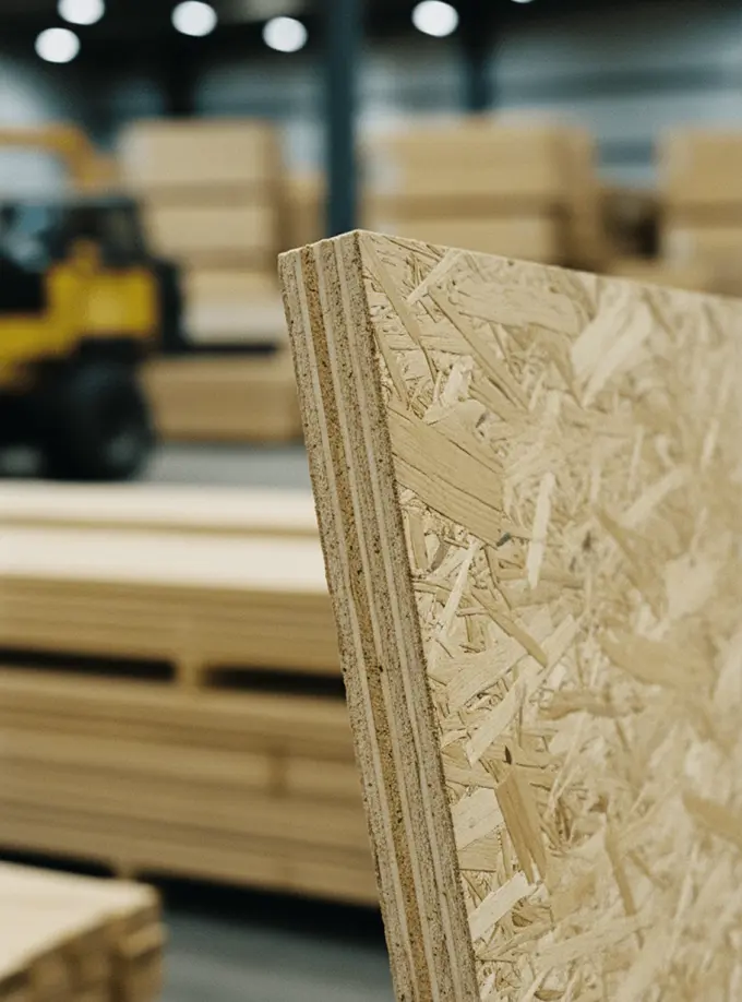 Placa de madeira OSB em primeiro plano num armazém industrial, com empilhador e painéis empilhados desfocados ao fundo.